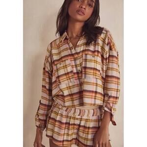 Free People Wrapped In Flannel Cropped Plaid sleepwear Top 3/4 sleeves Medium
